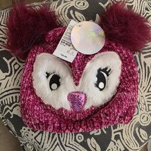 Pink Owl Knit Hat with Furry Ears